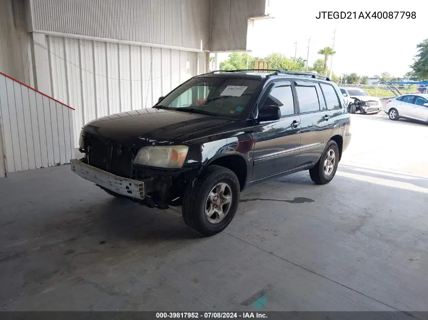 2004 Toyota Highlander VIN: JTEGD21AX40087798 Lot: 39817952