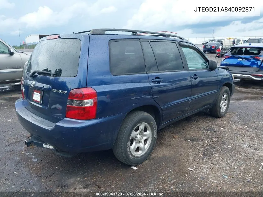 2004 Toyota Highlander VIN: JTEGD21A840092871 Lot: 39943720