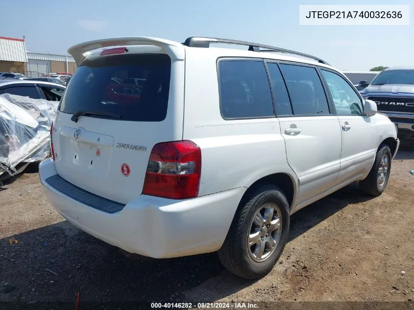 2004 Toyota Highlander Limited VIN: JTEGP21A740032636 Lot: 40146282