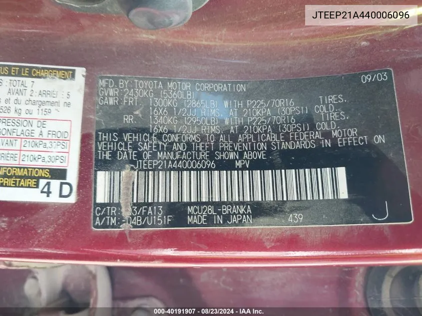 JTEEP21A440006096 2004 Toyota Highlander V6