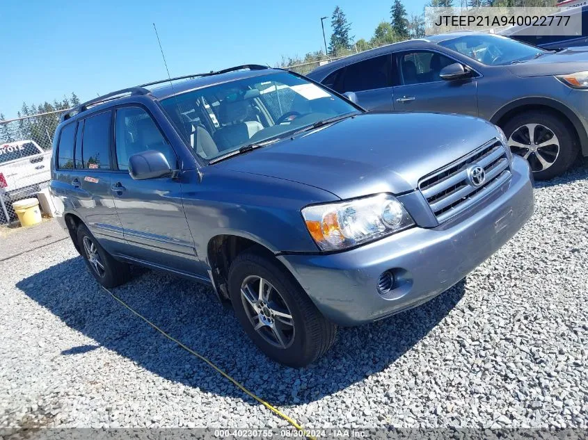 2004 Toyota Highlander V6 VIN: JTEEP21A940022777 Lot: 40230755