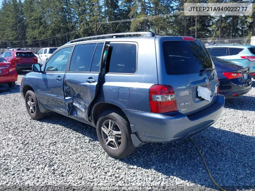 2004 Toyota Highlander V6 VIN: JTEEP21A940022777 Lot: 40230755