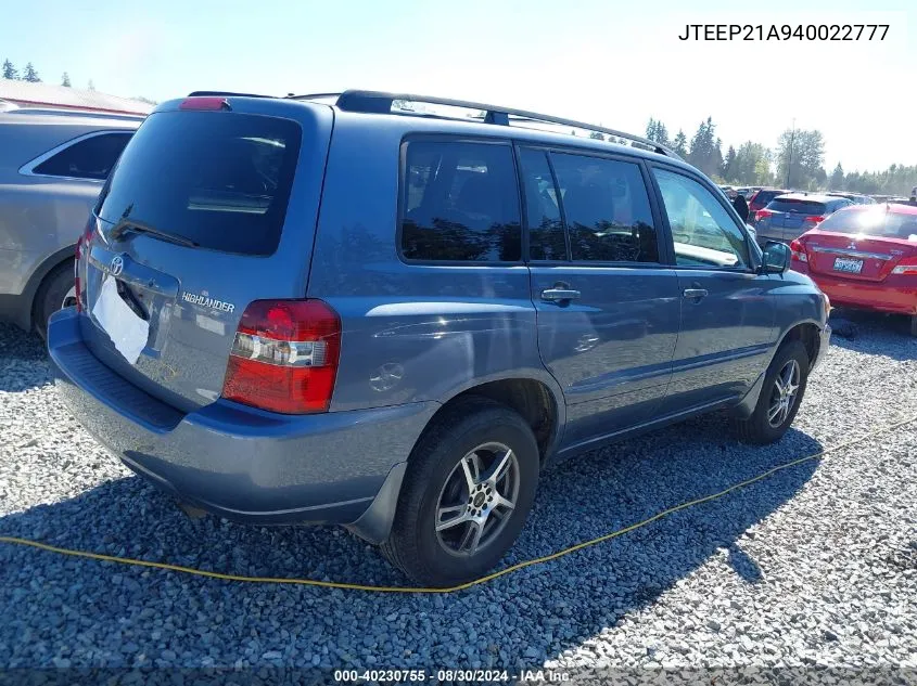 2004 Toyota Highlander V6 VIN: JTEEP21A940022777 Lot: 40230755