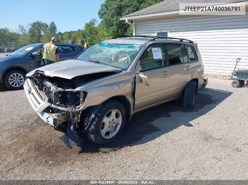 2004 Toyota Highlander Limited V6 VIN: JTEEP21A740036791 Lot: 40238597