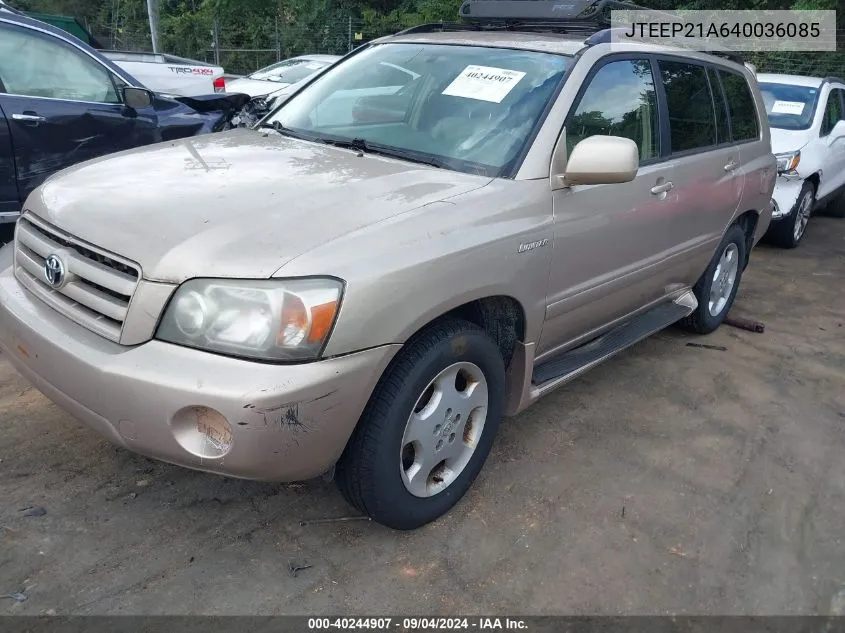 2004 Toyota Highlander Limited V6 VIN: JTEEP21A640036085 Lot: 40244907