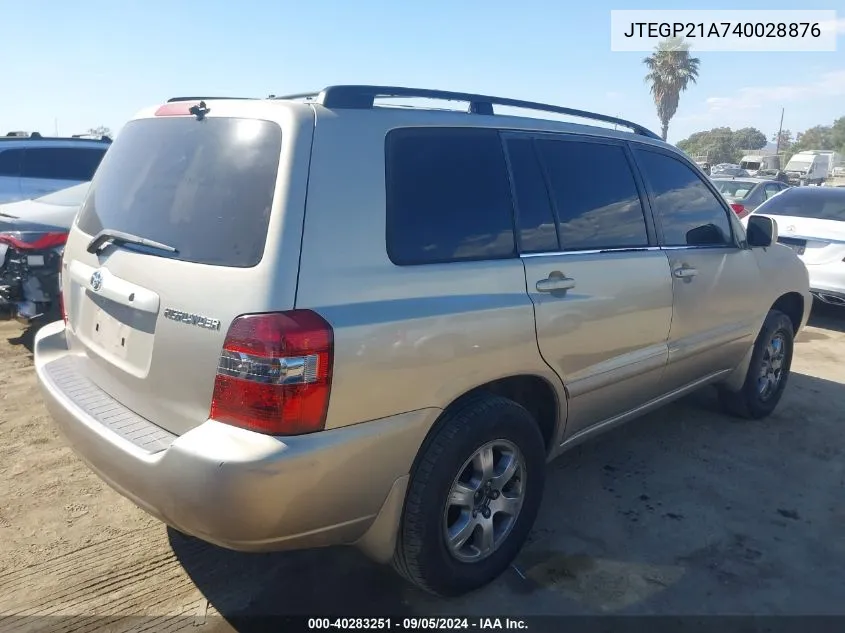 2004 Toyota Highlander V6 VIN: JTEGP21A740028876 Lot: 40283251