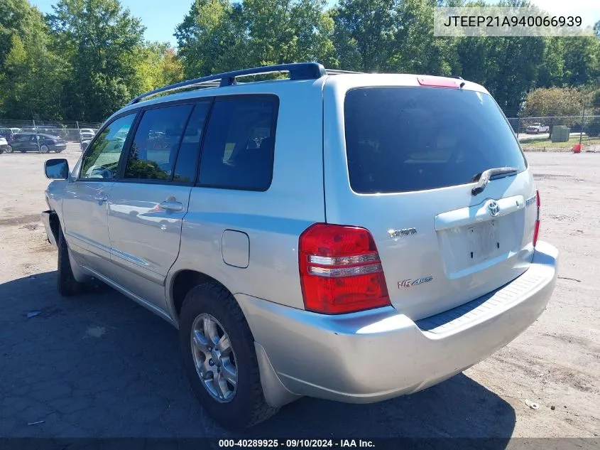 2004 Toyota Highlander V6 VIN: JTEEP21A940066939 Lot: 40289925