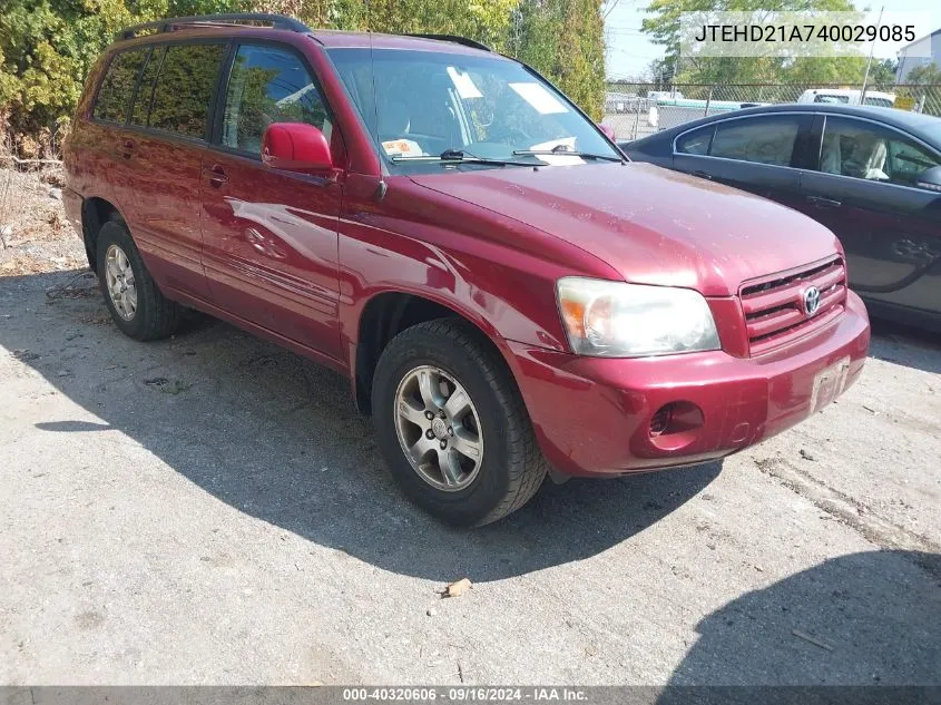 2004 Toyota Highlander VIN: JTEHD21A740029085 Lot: 40320606