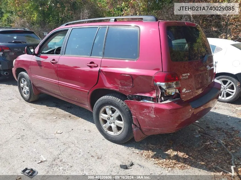 2004 Toyota Highlander VIN: JTEHD21A740029085 Lot: 40320606