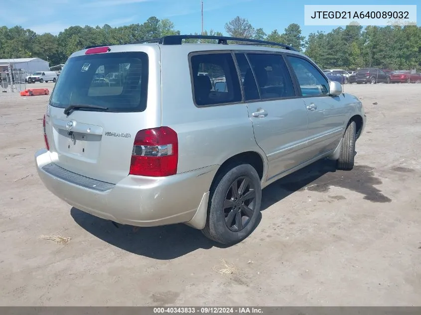 2004 Toyota Highlander VIN: JTEGD21A640089032 Lot: 40343833