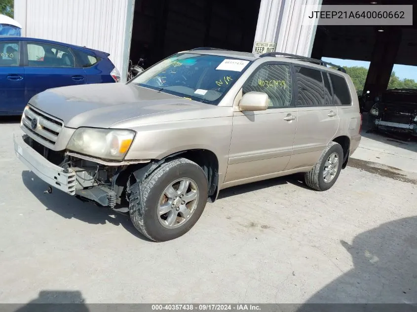 2004 Toyota Highlander V6 VIN: JTEEP21A640060662 Lot: 40357438