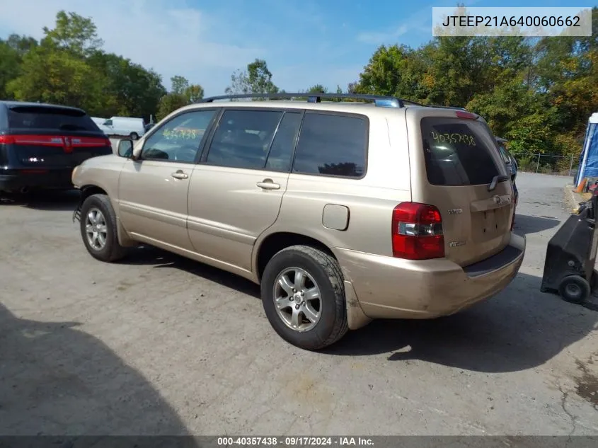 2004 Toyota Highlander V6 VIN: JTEEP21A640060662 Lot: 40357438