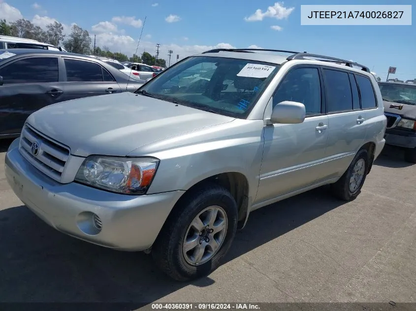 2004 Toyota Highlander V6 VIN: JTEEP21A740026827 Lot: 40360391