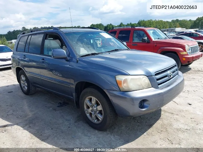 2004 Toyota Highlander V6 VIN: JTEDP21A040022663 Lot: 40386027