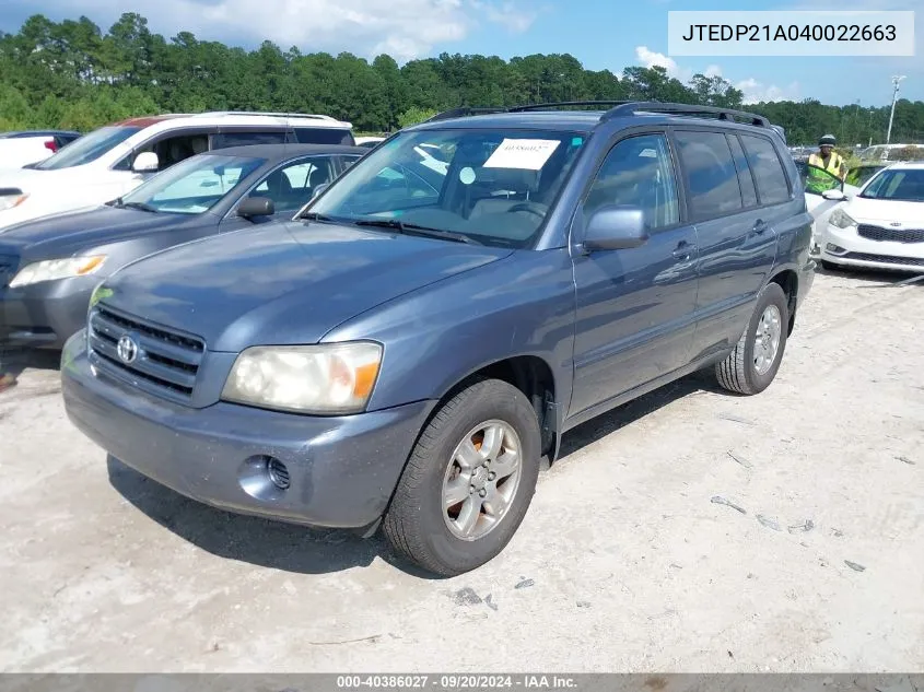 2004 Toyota Highlander V6 VIN: JTEDP21A040022663 Lot: 40386027