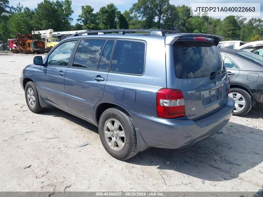 2004 Toyota Highlander V6 VIN: JTEDP21A040022663 Lot: 40386027