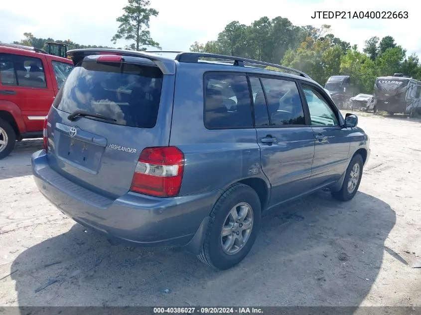 2004 Toyota Highlander V6 VIN: JTEDP21A040022663 Lot: 40386027