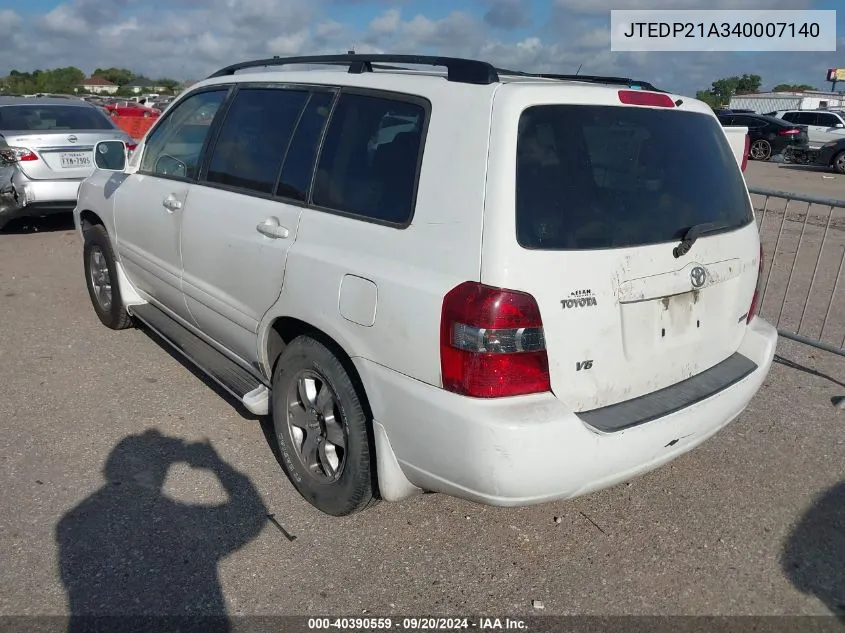 2004 Toyota Highlander V6 VIN: JTEDP21A340007140 Lot: 40390559