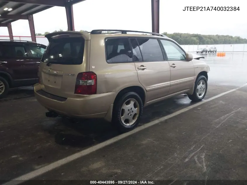 2004 Toyota Highlander Limited V6 VIN: JTEEP21A740032384 Lot: 40443595