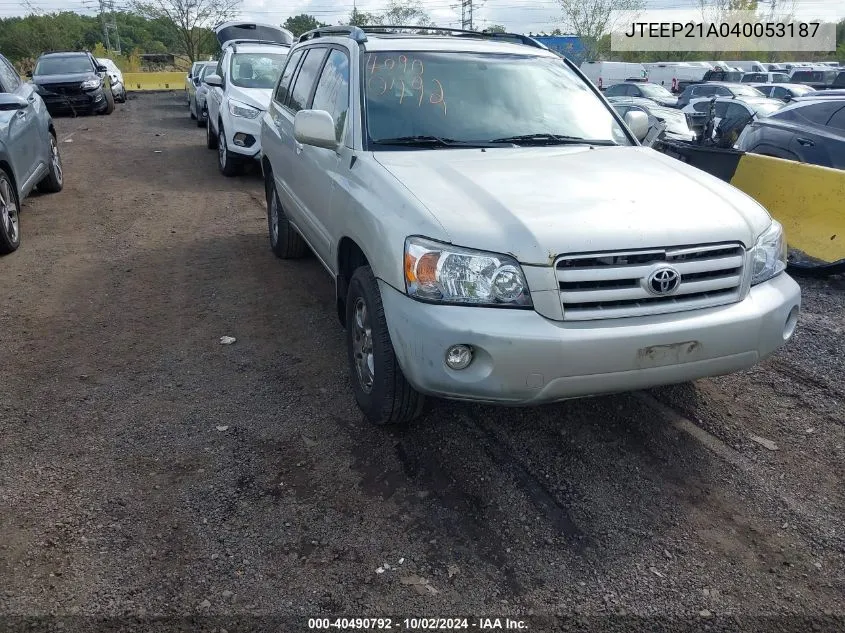 2004 Toyota Highlander V6 VIN: JTEEP21A040053187 Lot: 40490792