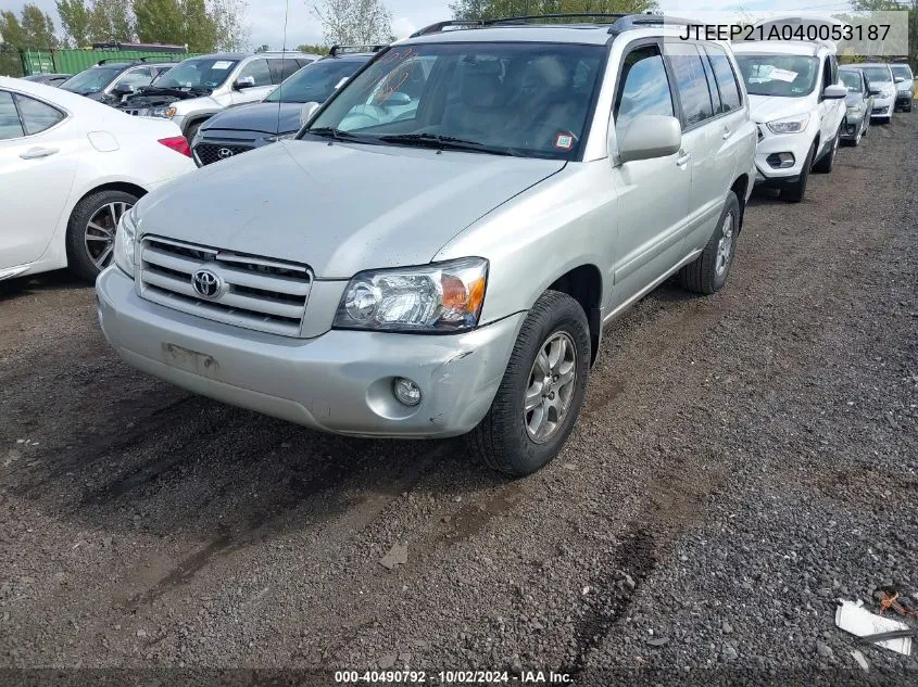 2004 Toyota Highlander V6 VIN: JTEEP21A040053187 Lot: 40490792