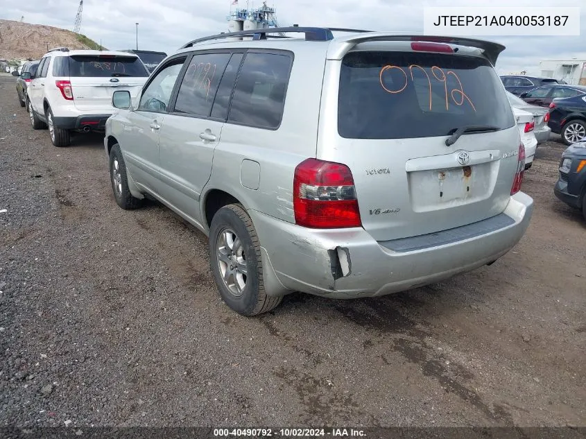 2004 Toyota Highlander V6 VIN: JTEEP21A040053187 Lot: 40490792