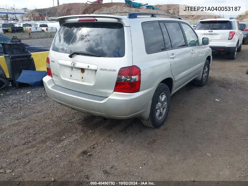 2004 Toyota Highlander V6 VIN: JTEEP21A040053187 Lot: 40490792