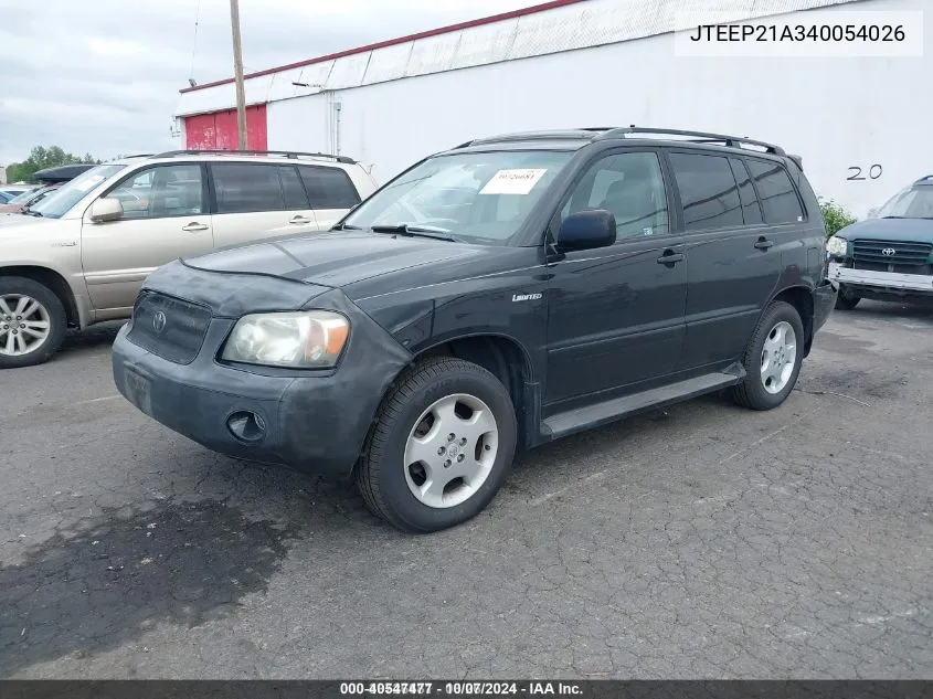 2004 Toyota Highlander Limited V6 VIN: JTEEP21A340054026 Lot: 40547477