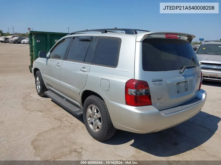 2004 Toyota Highlander V6 VIN: JTEDP21A540008208 Lot: 40589244