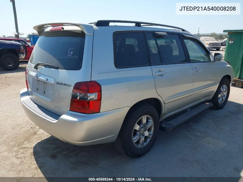 2004 Toyota Highlander V6 VIN: JTEDP21A540008208 Lot: 40589244