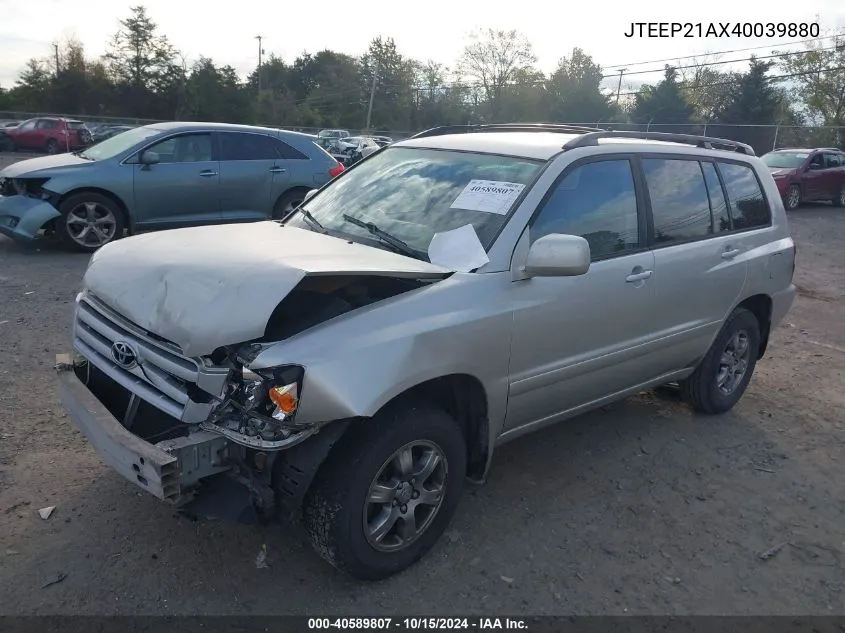 2004 Toyota Highlander V6 VIN: JTEEP21AX40039880 Lot: 40589807