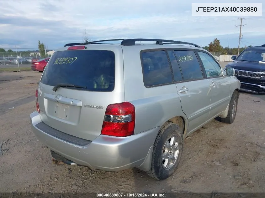 2004 Toyota Highlander V6 VIN: JTEEP21AX40039880 Lot: 40589807