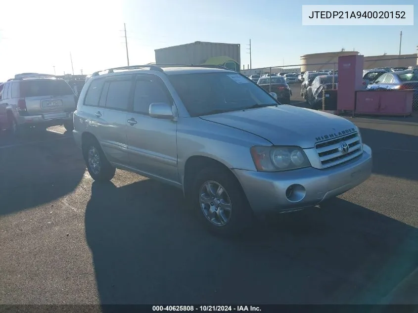 2004 Toyota Highlander V6 VIN: JTEDP21A940020152 Lot: 40625808