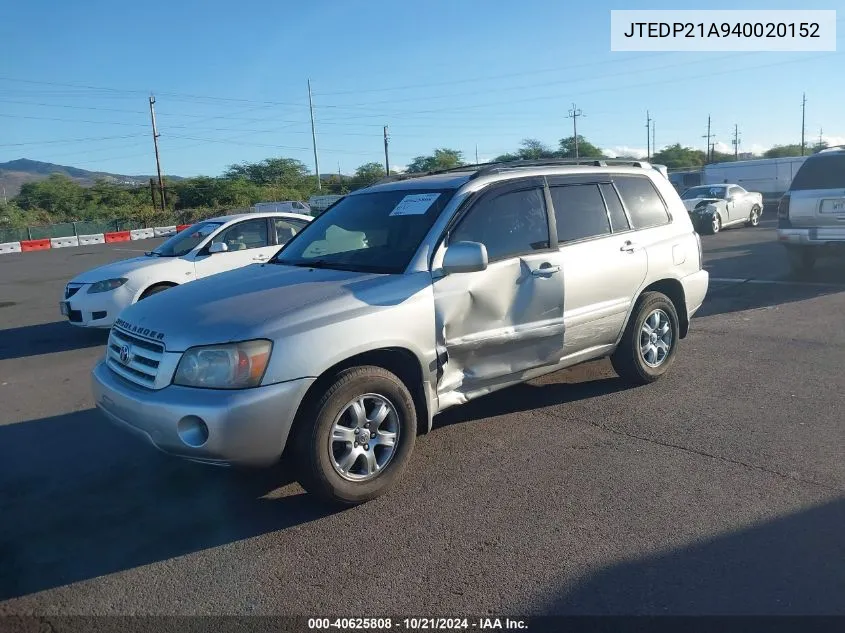 2004 Toyota Highlander V6 VIN: JTEDP21A940020152 Lot: 40625808