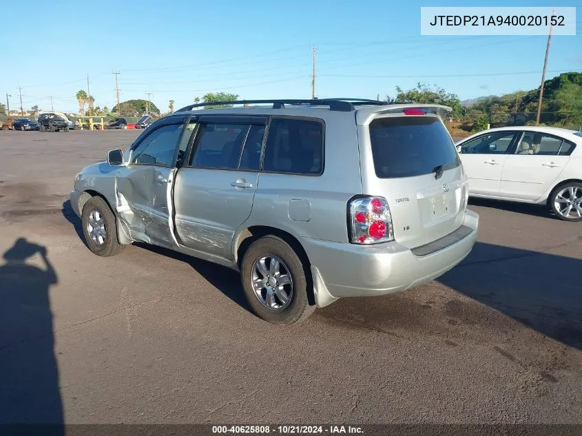 2004 Toyota Highlander V6 VIN: JTEDP21A940020152 Lot: 40625808