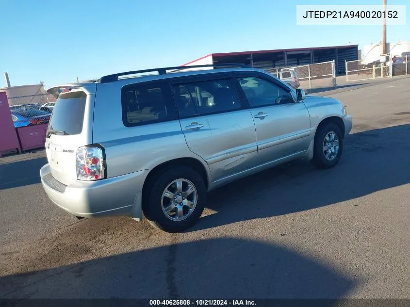 2004 Toyota Highlander V6 VIN: JTEDP21A940020152 Lot: 40625808