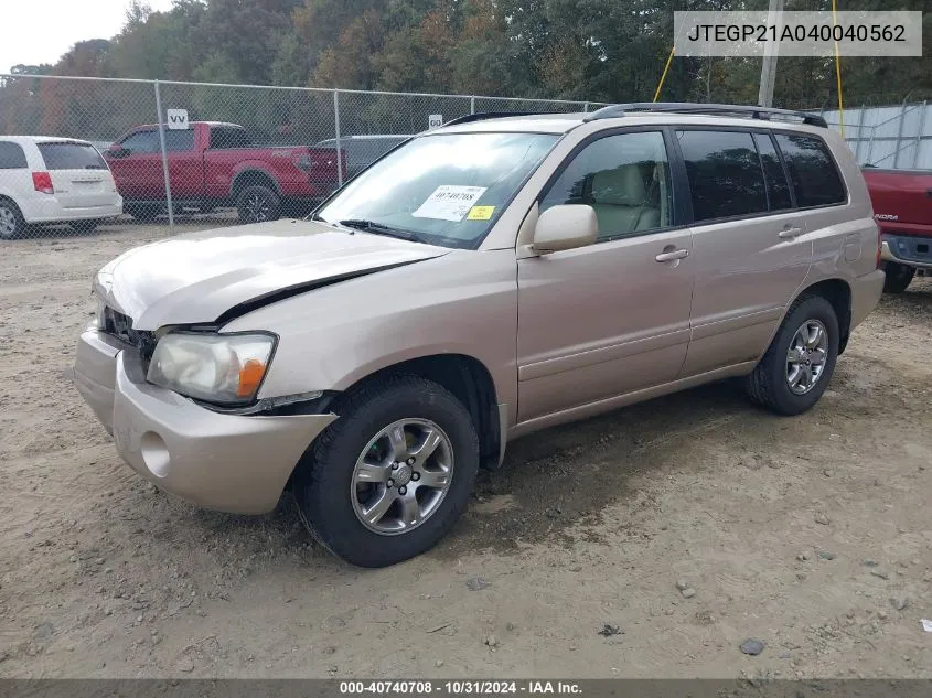 2004 Toyota Highlander V6 VIN: JTEGP21A040040562 Lot: 40740708