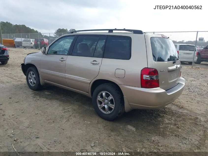 2004 Toyota Highlander V6 VIN: JTEGP21A040040562 Lot: 40740708