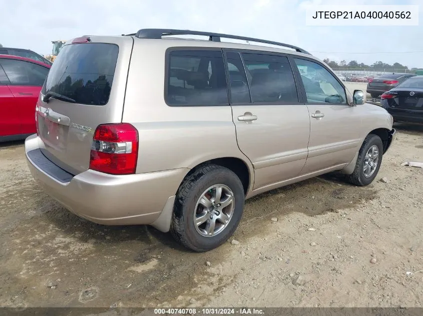 2004 Toyota Highlander V6 VIN: JTEGP21A040040562 Lot: 40740708