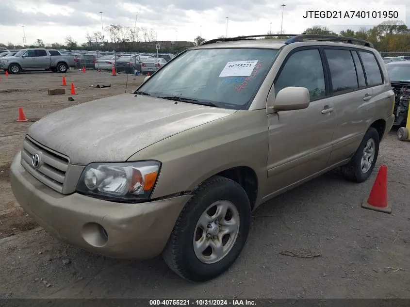 2004 Toyota Highlander VIN: JTEGD21A740101950 Lot: 40755221