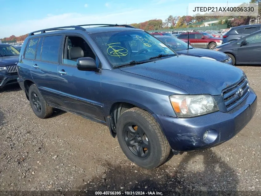 2004 Toyota Highlander V6 VIN: JTEDP21AX40036330 Lot: 40756395