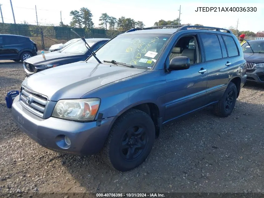 2004 Toyota Highlander V6 VIN: JTEDP21AX40036330 Lot: 40756395