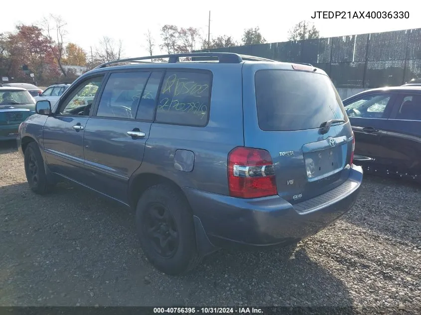 2004 Toyota Highlander V6 VIN: JTEDP21AX40036330 Lot: 40756395