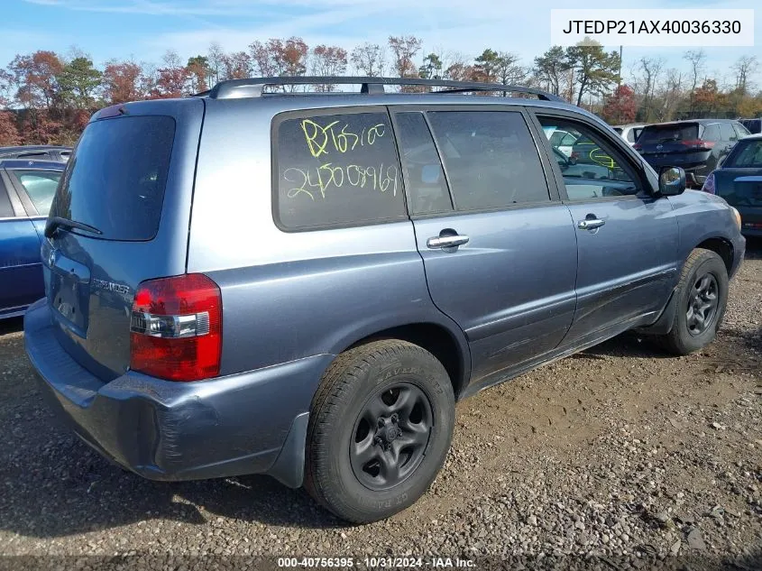 2004 Toyota Highlander V6 VIN: JTEDP21AX40036330 Lot: 40756395