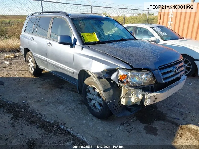 JTEGP21A640004892 2004 Toyota Highlander V6