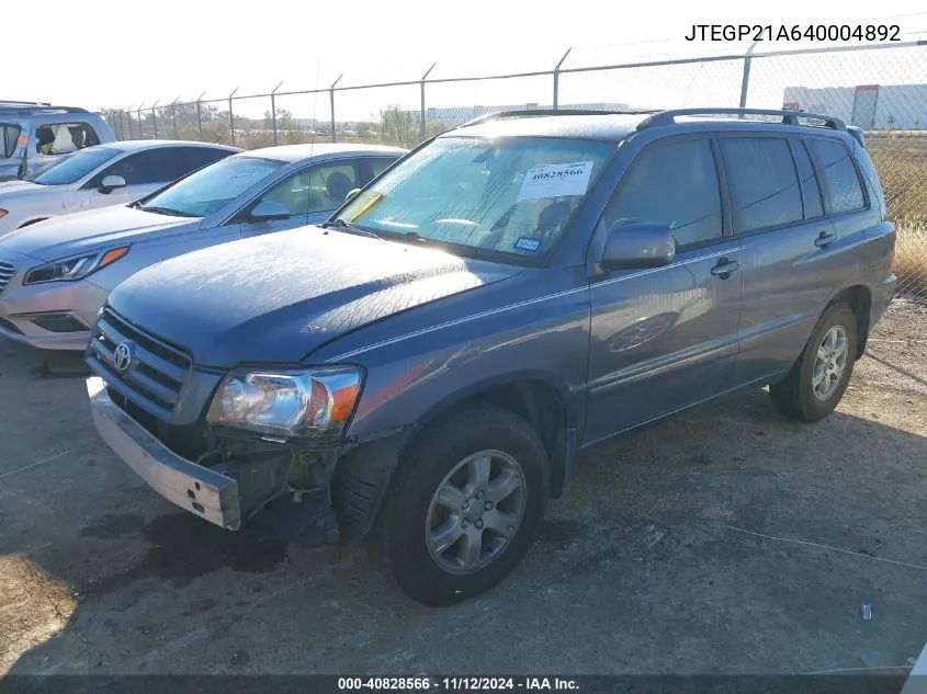 JTEGP21A640004892 2004 Toyota Highlander V6