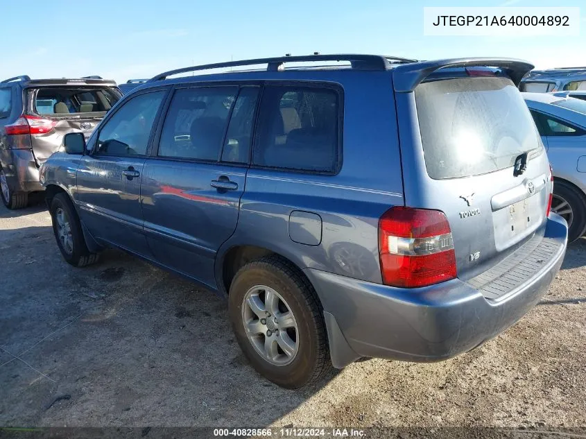 JTEGP21A640004892 2004 Toyota Highlander V6