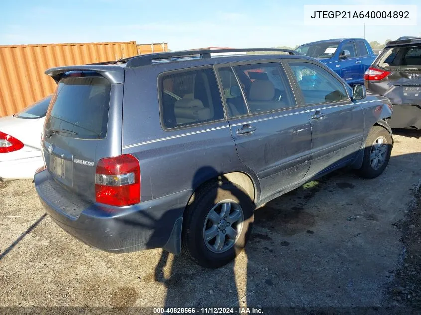 JTEGP21A640004892 2004 Toyota Highlander V6