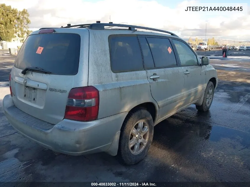 2004 Toyota Highlander V6 W/3Rd Row (A5) VIN: JTEEP21A440048445 Lot: 40833002