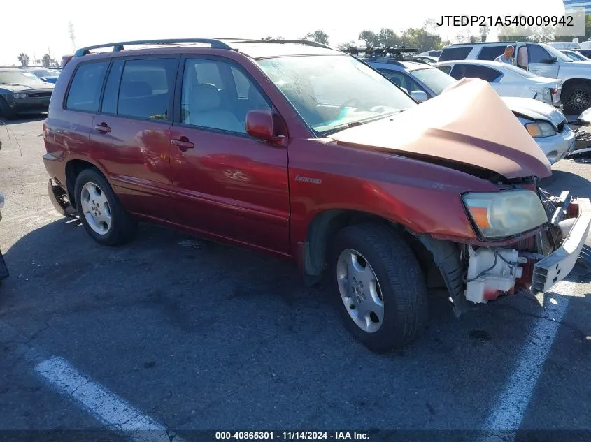 2004 Toyota Highlander Limited V6 VIN: JTEDP21A540009942 Lot: 40865301